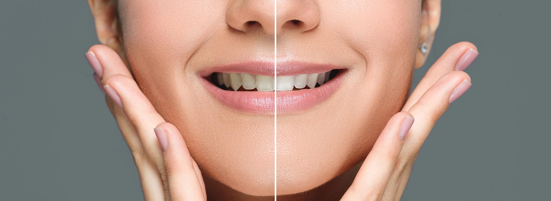 The image features a close-up of a person s face with their hands placed on either side, smiling with eyes closed, against a plain background.