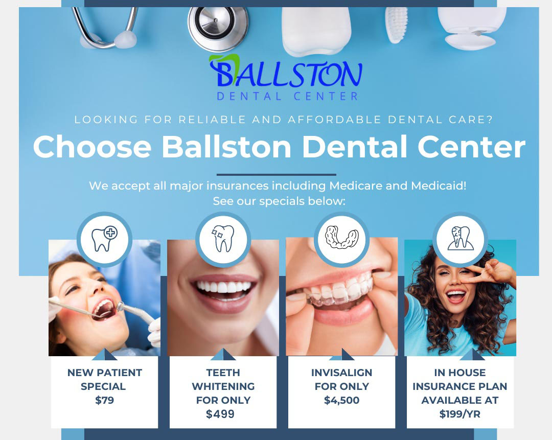 The image shows a digital advertisement for a dental center named Ballston Dental Center . It features a promotional graphic with various images of teeth, dental tools, and smiling faces. Overlaying the images are texts that include the name of the dental center, a slogan Choose Ballston Dental Center , and information about their services such as cosmetic dentistry, teeth whitening, and invitations to new patients. The advertisement also includes a call-to-action button with the text Schedule an appointment and a website link.