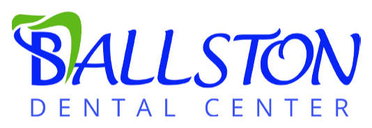 The image shows a logo with the text Ballston Dental Center on a blue background with a stylized white letter D and a green leaf design beside it.