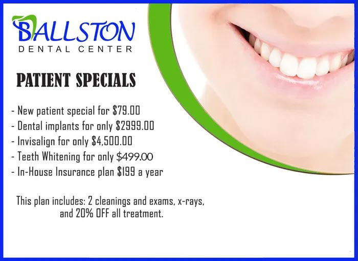 The image shows an advertisement for dental services at Ballston Dental Center, including patient specials, pricing information, and a promotional offer.