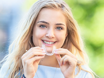 A young woman holding up a toothbrush with a smile on her face.
