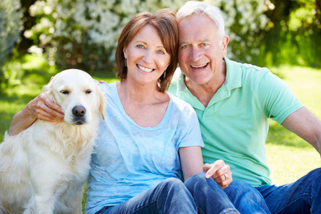 An elderly couple sitting on grass with a yellow labrador retriever between them.